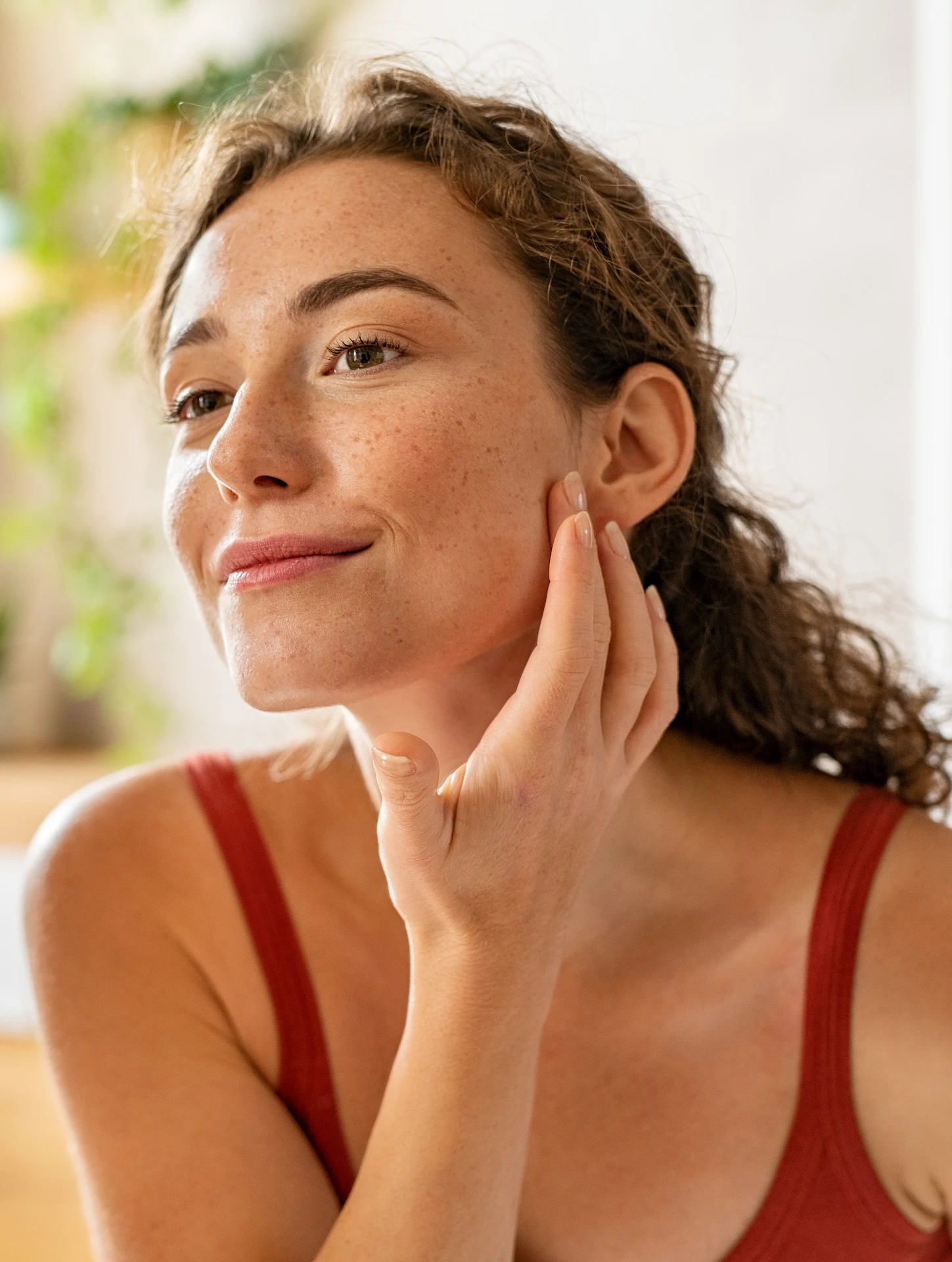 woman inspecting her face in a mirror